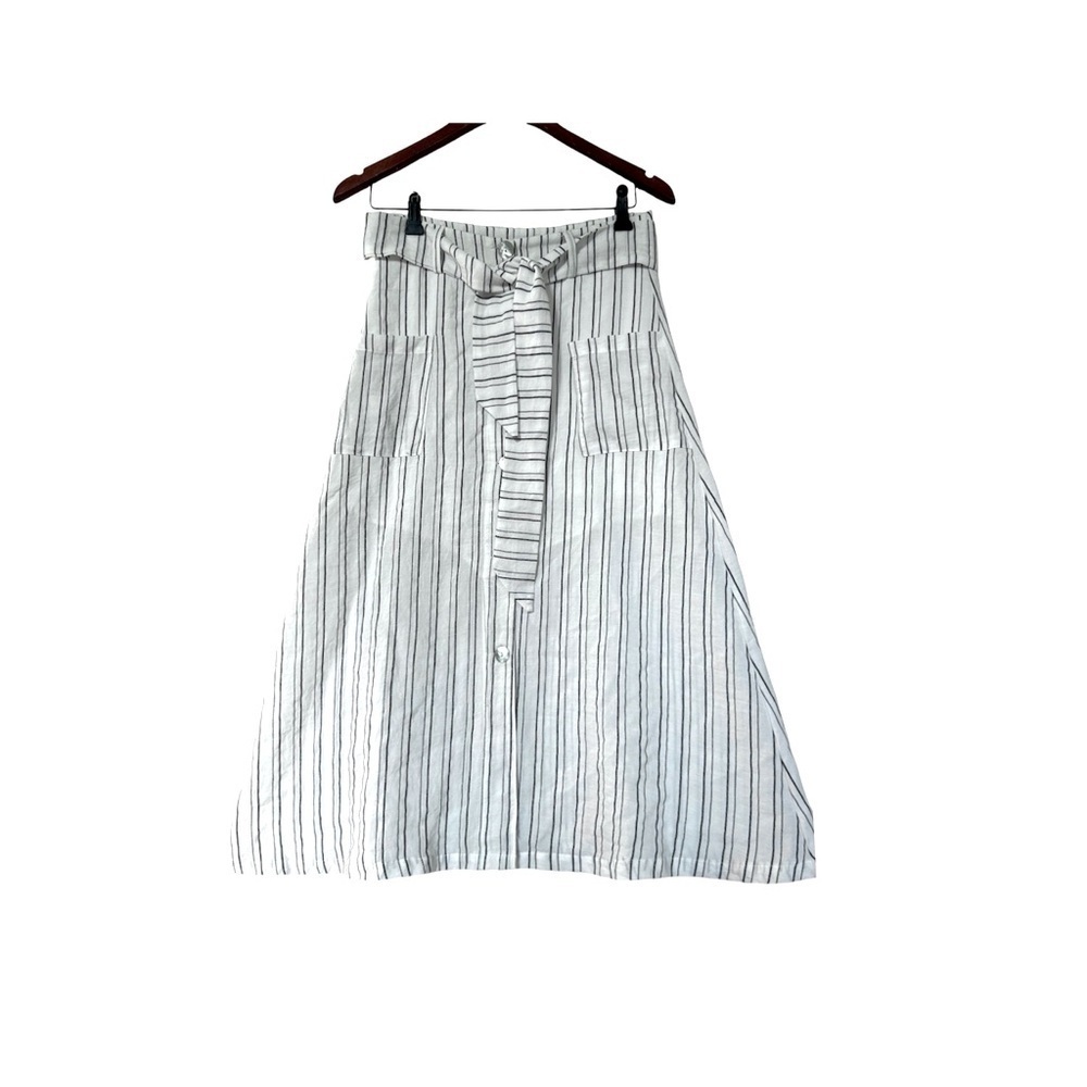 Crescent striped midi skirt button belted pocket